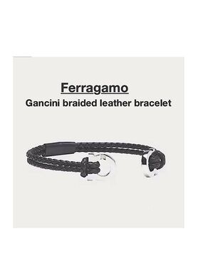 SALVATORE FERRAGAMO Logo-Embellished Leather Silver-Tone Bracelet unisex ⭐️⭐️⭐️